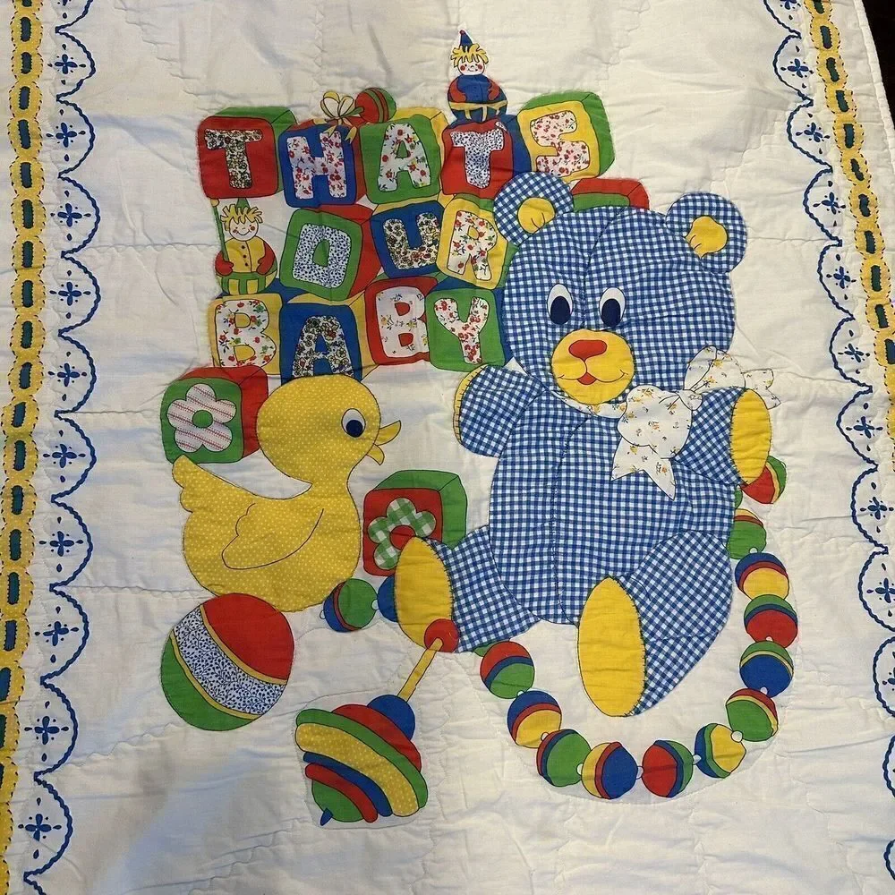 Vintage Teddy Bear Duck Baby Blanket That's Our Baby White Primary Colors Crib‎